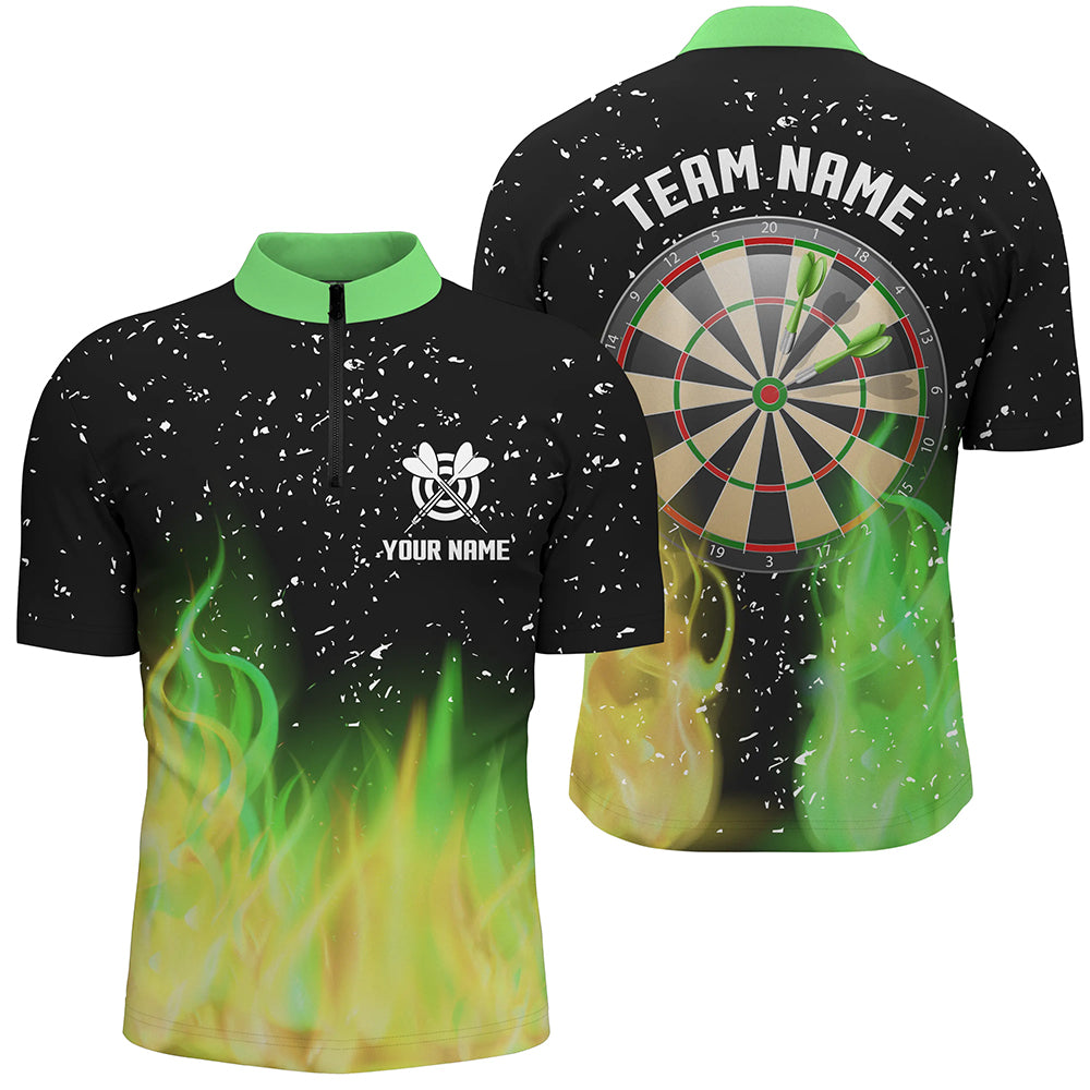 Green And Yellow Fire Dartboard Men Darts Quarter-Zip Shirts Custom Dart Jerseys For Team TDM1211