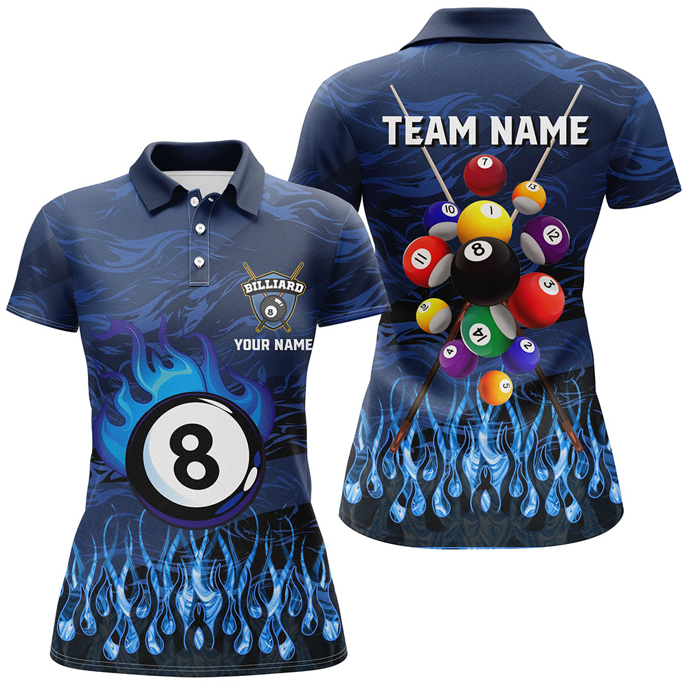 Personalized Fire Flame 3D Billiard Balls Women Polo Shirts Custom Blue Billiard Jersey Attire TDM1412