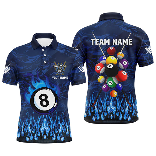 Personalized Fire Flame 3D Billiard Balls Men Polo Shirts Custom Blue Billiard Jersey Attire TDM1412
