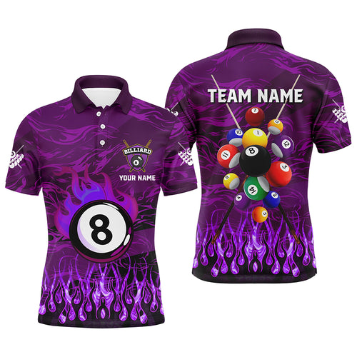 Personalized Fire Flame 3D Billiard Balls Men Polo Shirts Custom Purple Billiard Jersey Attire TDM1413