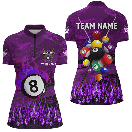 Fire Flame Purple 3D Billiard Balls Women Quarter-Zip Shirts Custom Billiard Jersey Attire TDM1413