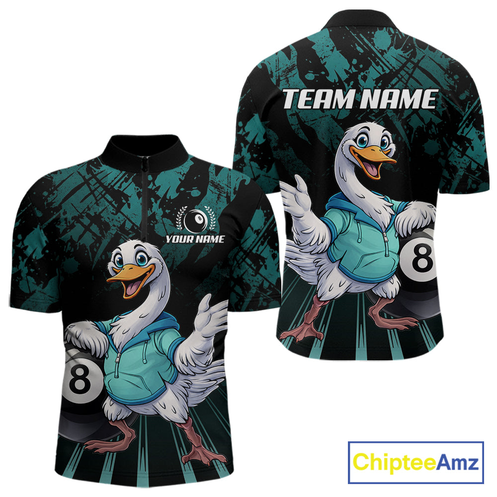 Black And Teal Grunge 8 Ball Pool Billiard Shirt For Men Custom Funny Duck Pool Team Jersey NYN3012