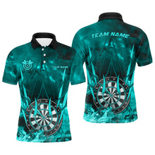 Load image into Gallery viewer, Personalized Turquoise 3D Darts Board On Fire Men Darts Shirts Custom Flame Darts Shirts For Player TDM1789