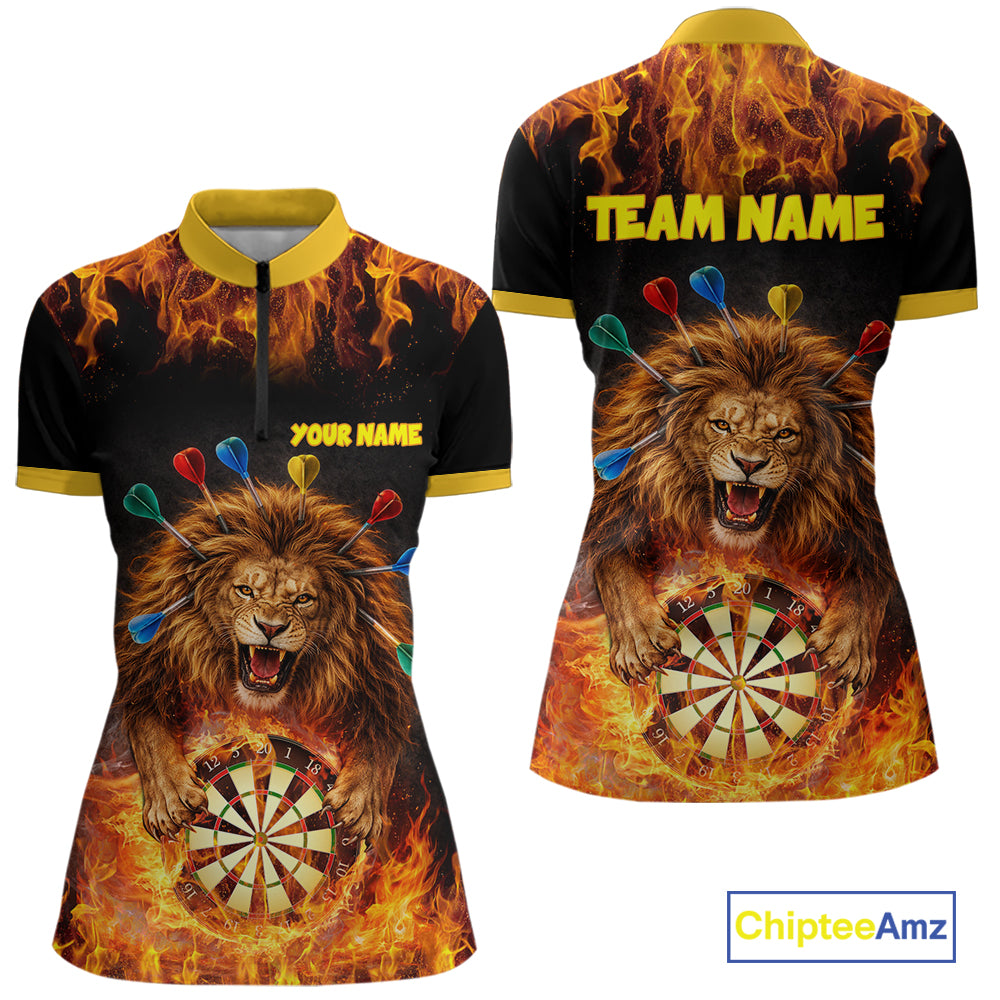 Personalized Fire Flame Lion Darts Shirt For Women Custom Darts Jersey Team Polo & Quarter Zip TDM6311