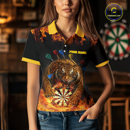 Personalized Fire Flame Tiger Darts Shirt For Women Custom Darts Jersey Team Polo & Quarter Zip TDM6312