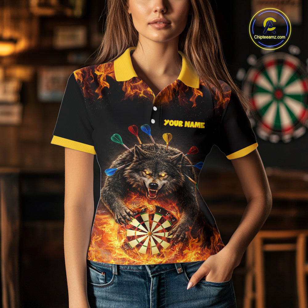 Personalized Fire Flame Wolf Darts Shirt For Women Custom Darts Jersey Team Polo & Quarter Zip TDM6314