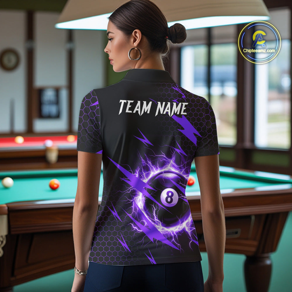 Back view of woman wearing a purple thunder lightning 8 ball pool shirt in a billiards hall.