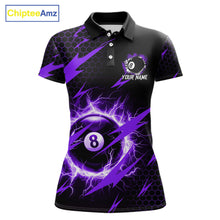 Load image into Gallery viewer, Purple 8 ball thunder lightning billiard polo shirt for women with custom team graphics.