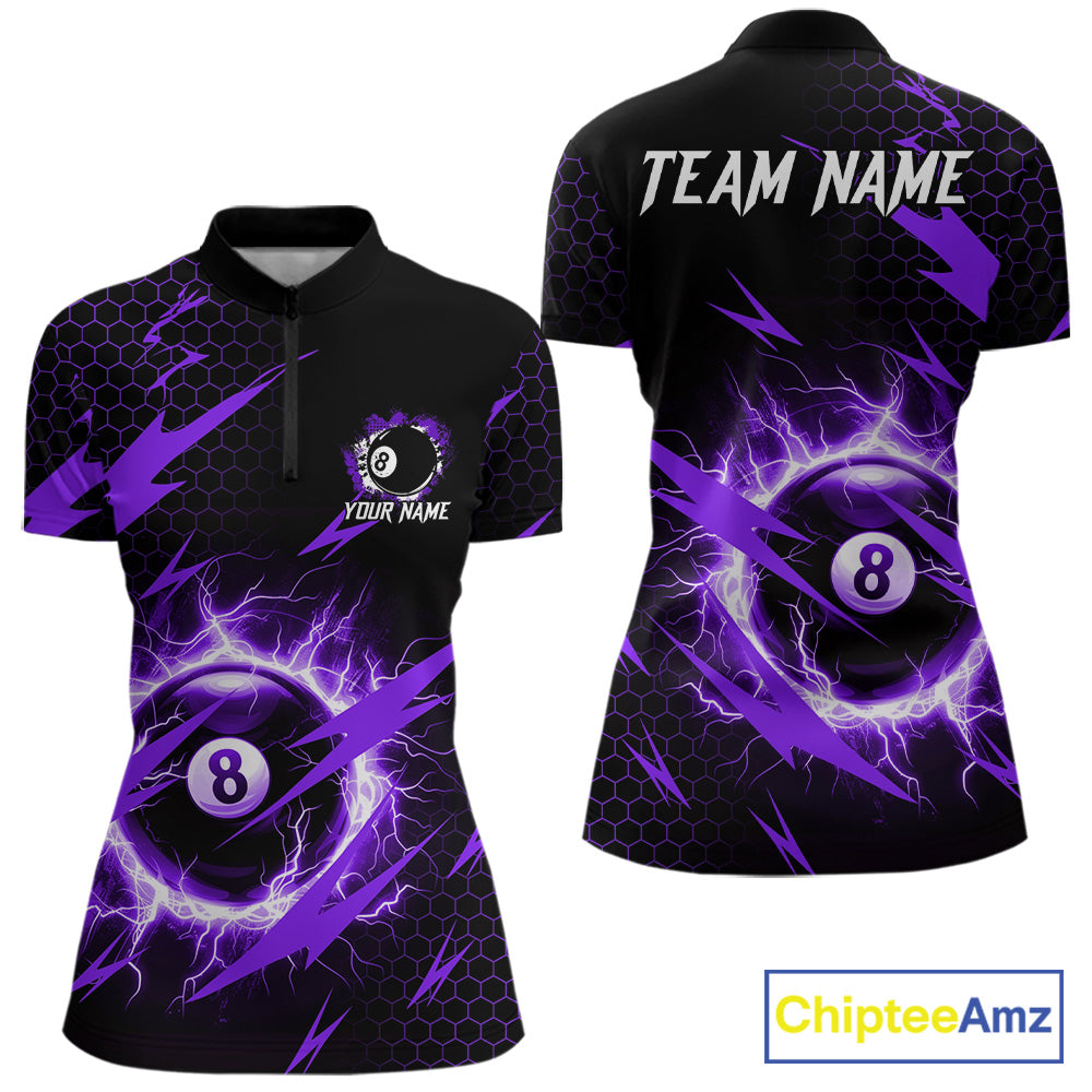 Purple 8 ball thunder lightning billiard quarter zip shirt for women built for tournaments and league play.