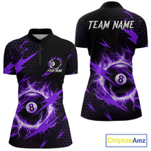 Load image into Gallery viewer, Purple 8 ball thunder lightning billiard quarter zip shirt for women built for tournaments and league play.