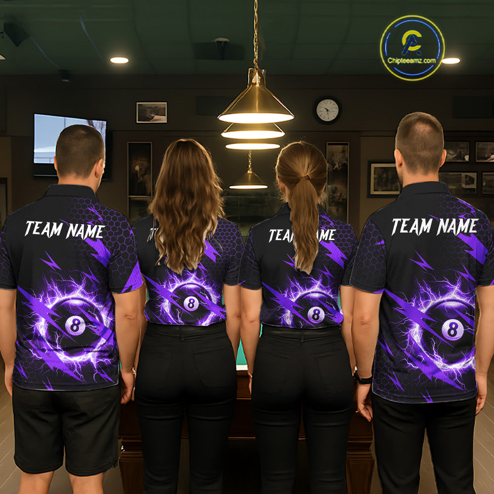 Back view of pool players wearing matching purple lightning billiard shirts in a game room.