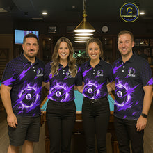 Load image into Gallery viewer, Pool team wearing matching purple 8 ball thunder lightning billiard jerseys during tournament competition front view.