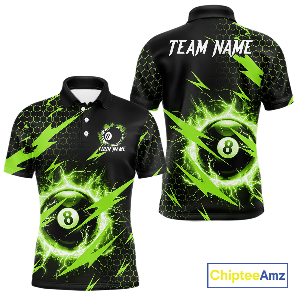 Green 8 ball thunder lightning billiard polo shirt for men with custom team graphics.