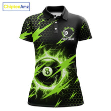 Load image into Gallery viewer, Green 8 ball thunder lightning billiard polo shirt for women with custom team graphics.