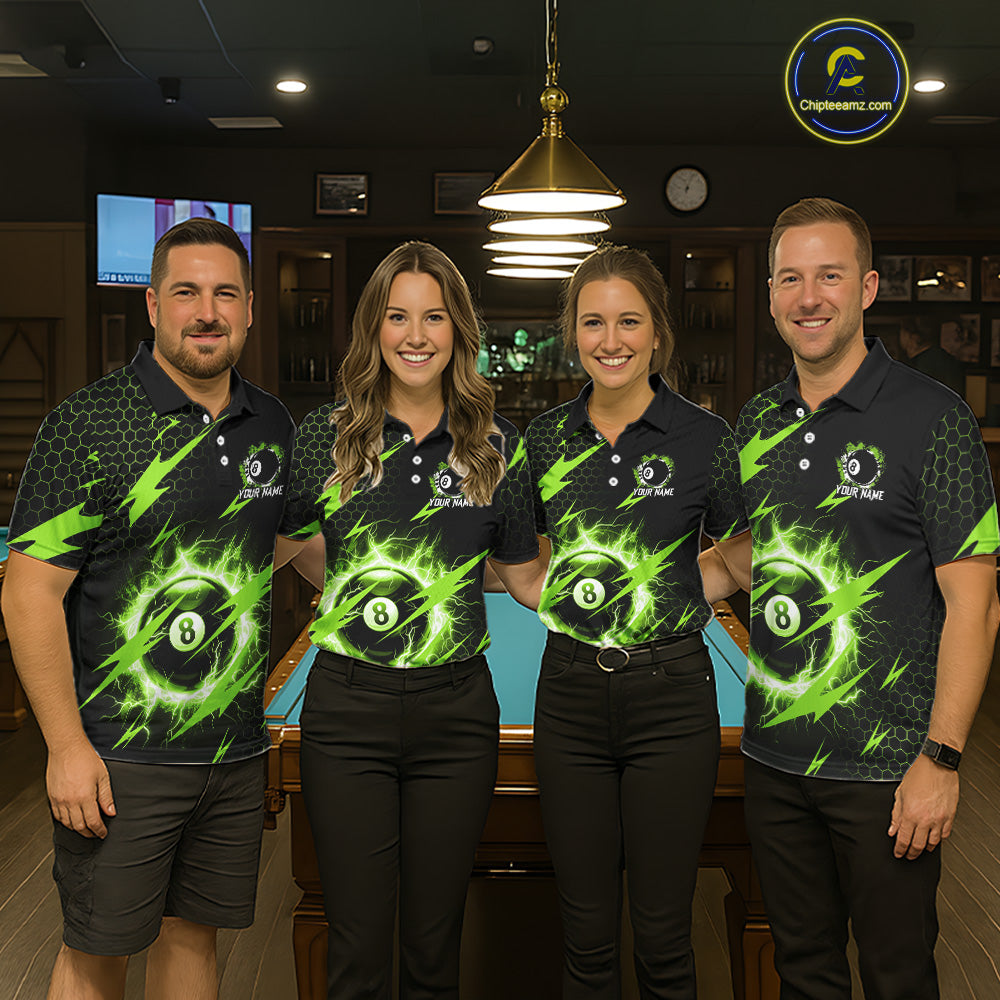 Pool team wearing matching green 8 ball thunder lightning billiard jerseys during league matches front view.