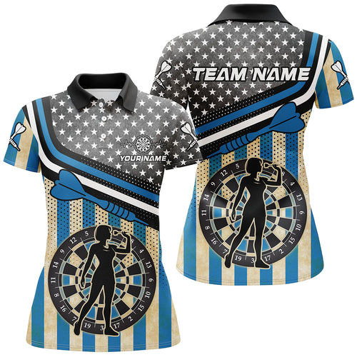 Personalized Blue Retro American Flag Darts Shirts For Women Custom Patriotic Darts Player Jerseys TDM1992
