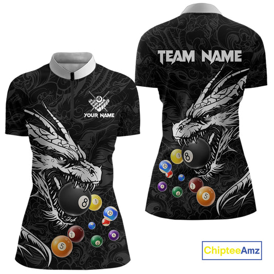 Personalized White Black 3D Dragon Billiard Balls Pool Shirt For Women, Billiard League Team Jersey TDM4342
