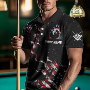 Customized Grunge US Flag Smoke Billiard Polo & 1/4 Zip For Men, Patriotic 8 Ball Pool Team Jersey TDM4546