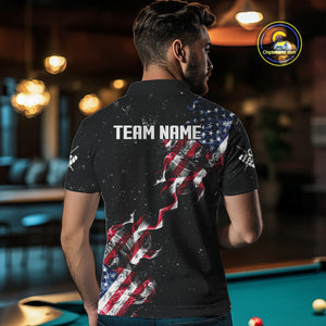 Customized Grunge US Flag Smoke Billiard Polo & 1/4 Zip For Men, Patriotic 8 Ball Pool Team Jersey TDM4546