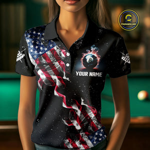 Customized Grunge US Flag Smoke Billiard Polo & 1/4 Zip For Women, Patriotic 8 Ball Pool Team Jersey TDM4546