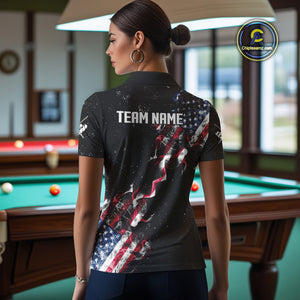 Customized Grunge US Flag Smoke Billiard Polo & 1/4 Zip For Women, Patriotic 8 Ball Pool Team Jersey TDM4546