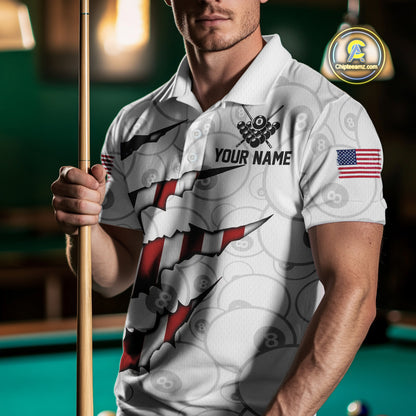Personalized American Flag 8 Ball Polo & Quarter Zip Shirt For Men, Patriotic Pool Team Jersey TDM4551
