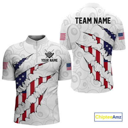 Personalized American Flag 8 Ball Polo & Quarter Zip Shirt For Men, Patriotic Pool Team Jersey TDM4551
