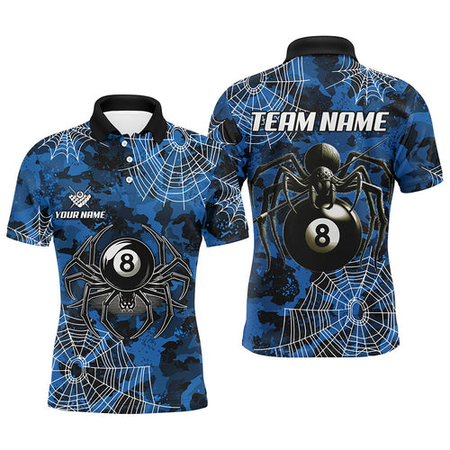 Blue Camo Billiard Spider Cobweb Custom Men Polo & Quarter-Zip Shirts, Unique 8 Ball Pool Jerseys TDM2459