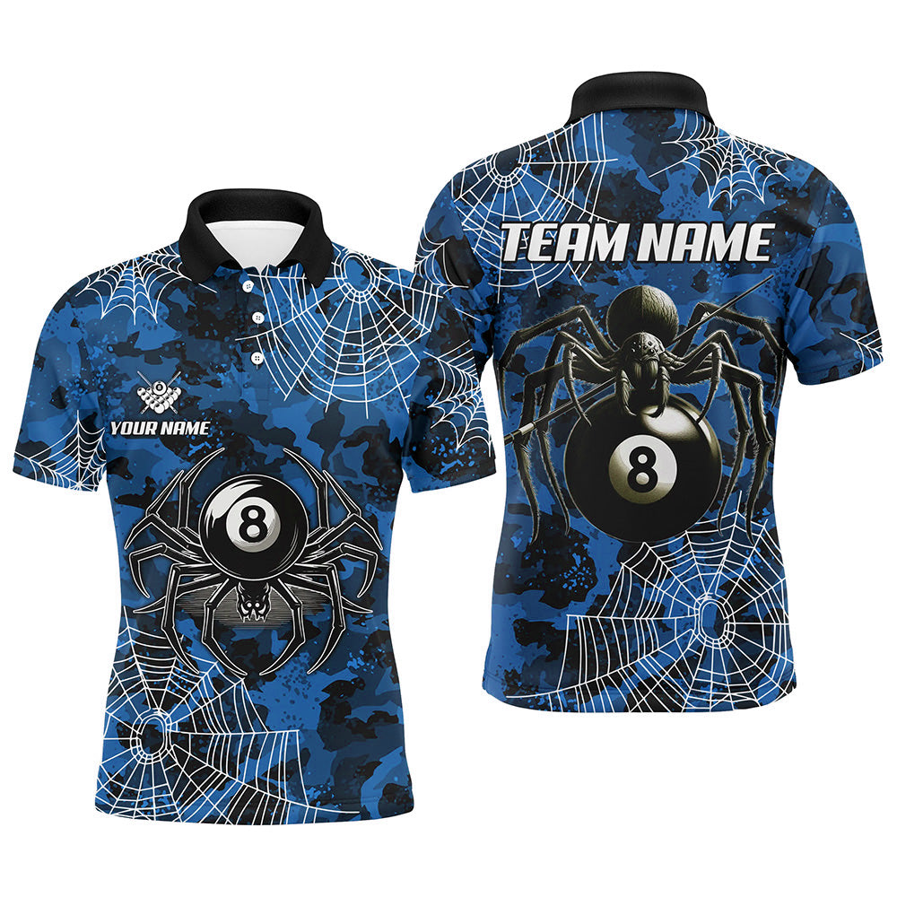 Blue Camo Billiard Spider Cobweb Custom Men Polo & Quarter-Zip Shirts, Unique 8 Ball Pool Jerseys TDM2459
