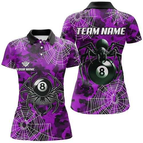 Purple Camo Billiard Spider Cobweb Custom Women Polo & Quarter-Zip Shirts, Unique 8 Ball Pool Jerseys TDM2460