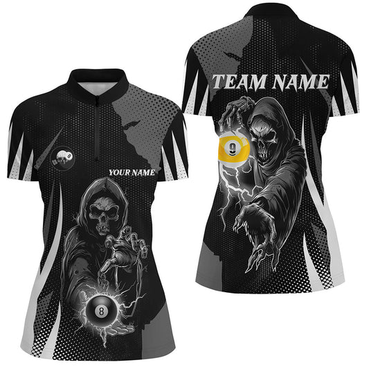 Funny Black Grim Reaper 8 Ball & 9 Ball Billiard Shirts For Women Custom League Billiard Jerseys TDM2464