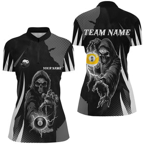 Funny Black Death Skeleton 8 Ball & 9 Ball Billiard Shirts For Women Custom League Billiard Jerseys TDM2464