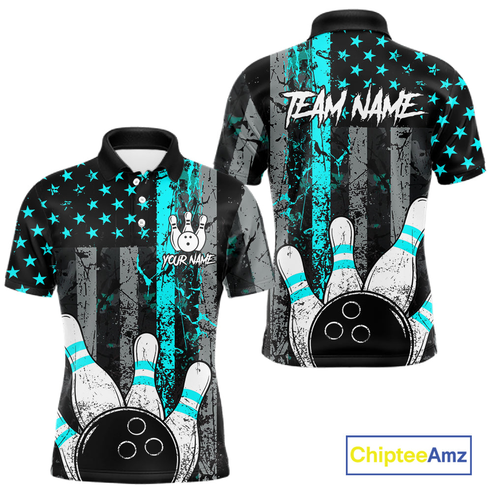 Turquoise Grunge American Flag Bowling Shirts for Men Custom Patriotic Bowling League Team Jersey TDM7472