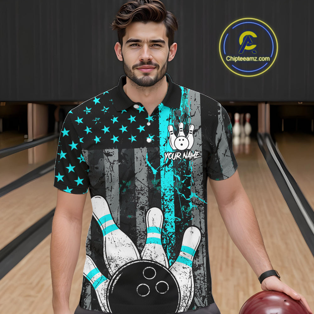 Turquoise Grunge American Flag Bowling Shirts for Men Custom Patriotic Bowling League Team Jersey TDM7472