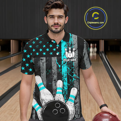 Turquoise Grunge American Flag Bowling Shirts for Men Custom Patriotic Bowling League Team Jersey TDM7472