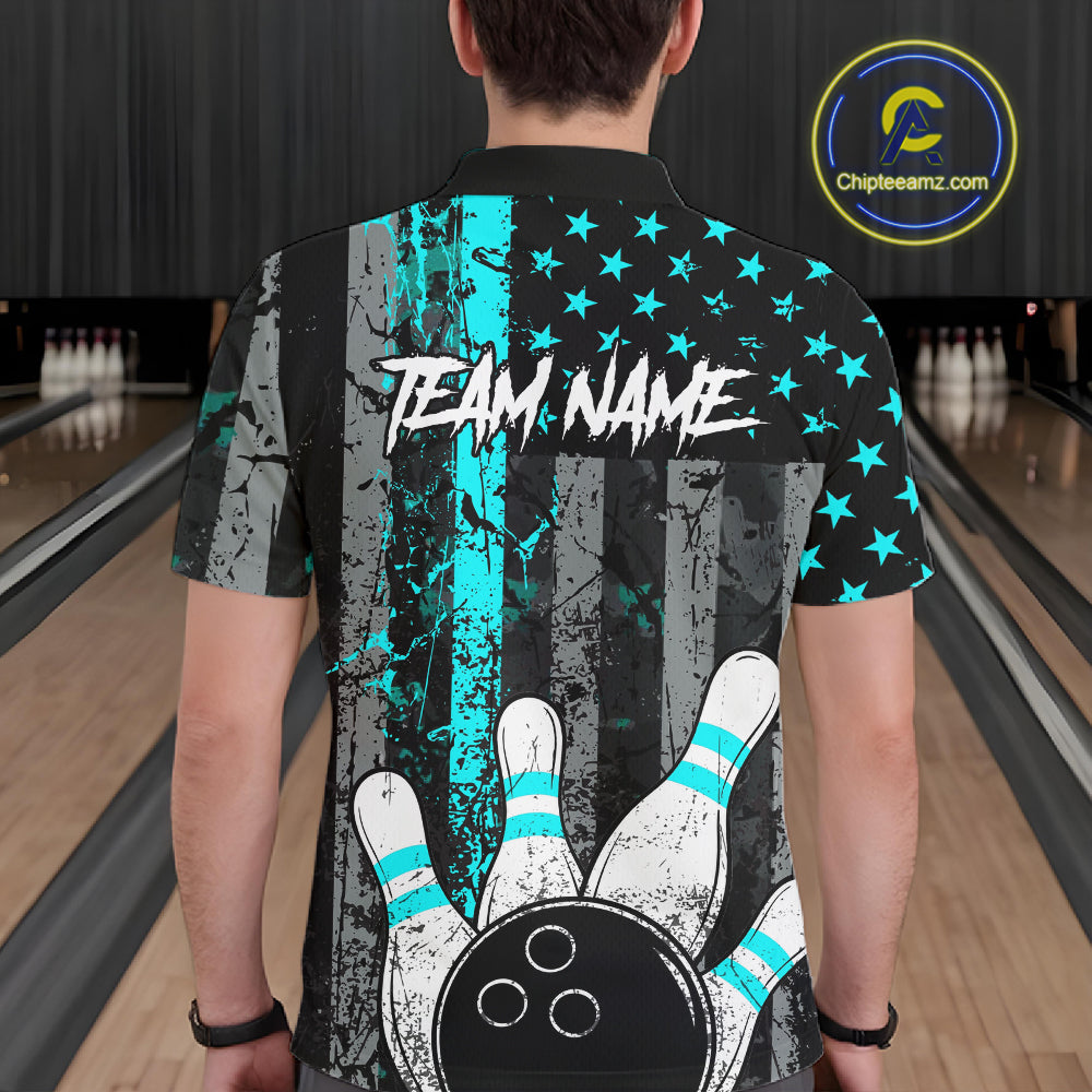 Turquoise Grunge American Flag Bowling Shirts for Men Custom Patriotic Bowling League Team Jersey TDM7472