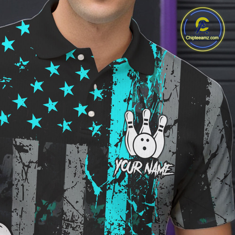 Turquoise Grunge American Flag Bowling Shirts for Men Custom Patriotic Bowling League Team Jersey TDM7472