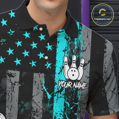Turquoise Grunge American Flag Bowling Shirts for Men Custom Patriotic Bowling League Team Jersey TDM7472