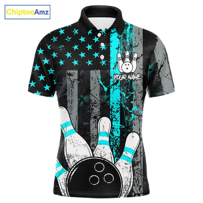Turquoise Grunge American Flag Bowling Shirts for Men Custom Patriotic Bowling League Team Jersey TDM7472