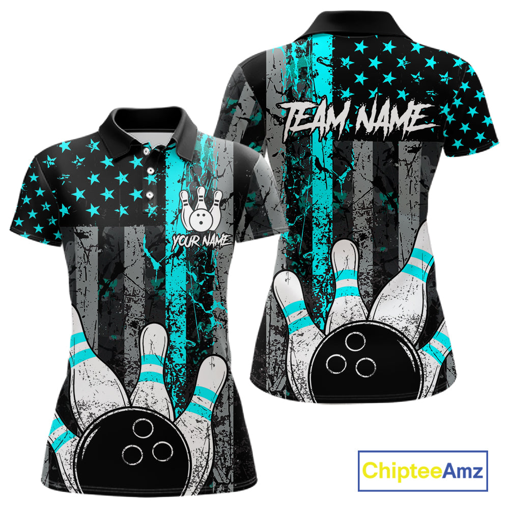 Turquoise Grunge American Flag Bowling Shirts for Women Custom Patriotic Bowling League Team Jersey TDM7472