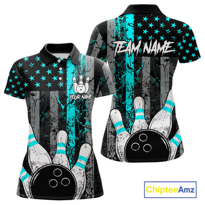 Turquoise Grunge American Flag Bowling Shirts for Women Custom Patriotic Bowling League Team Jersey TDM7472