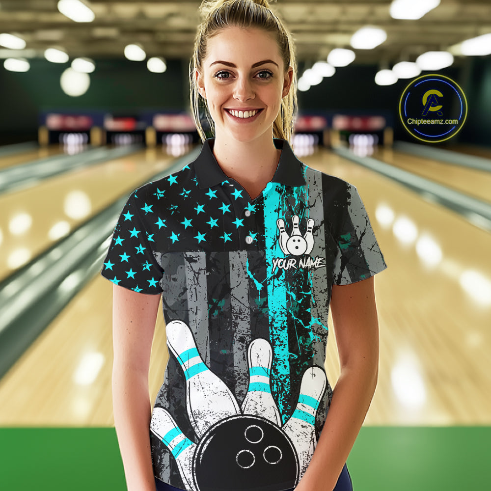 Turquoise Grunge American Flag Bowling Shirts for Women Custom Patriotic Bowling League Team Jersey TDM7472