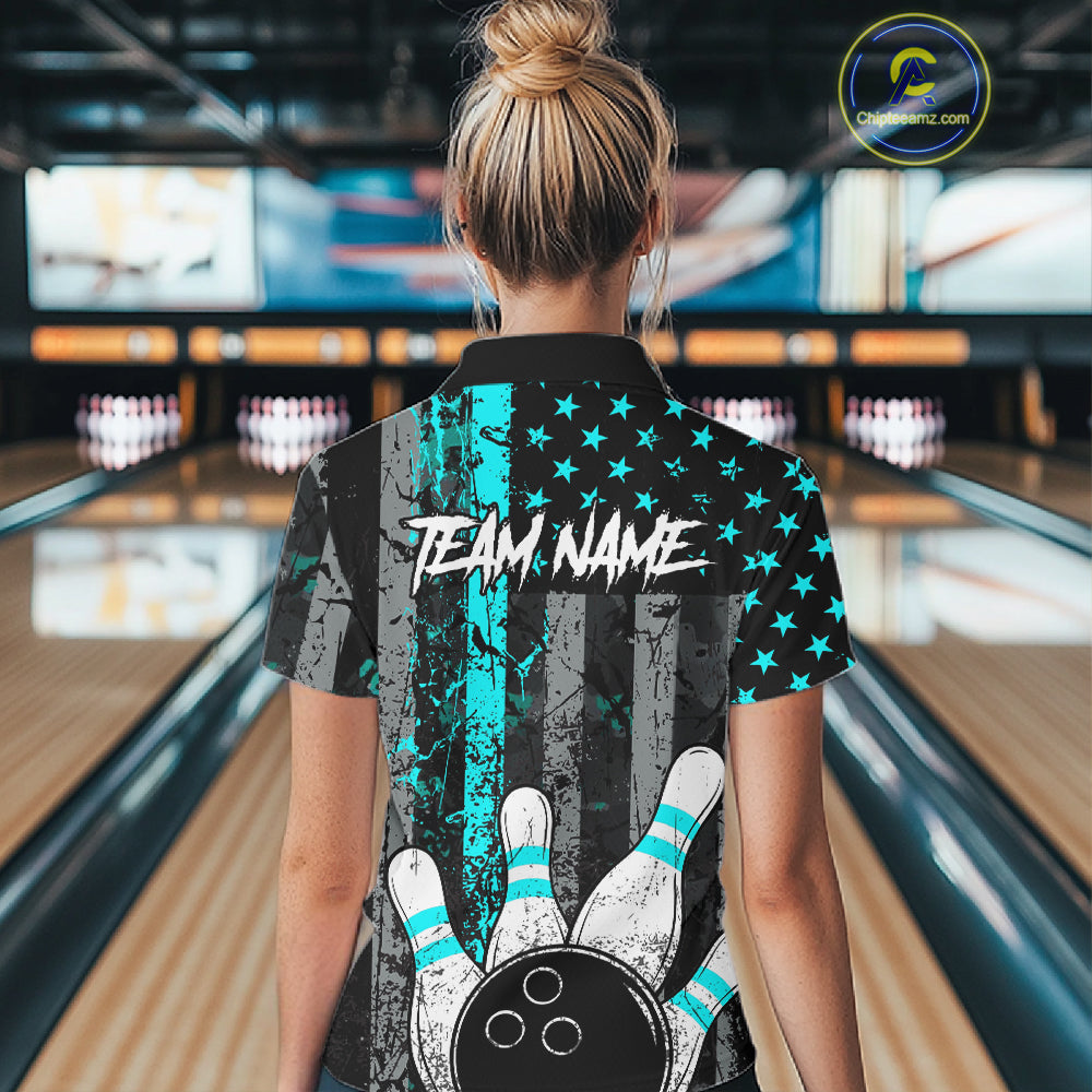 Turquoise Grunge American Flag Bowling Shirts for Women Custom Patriotic Bowling League Team Jersey TDM7472