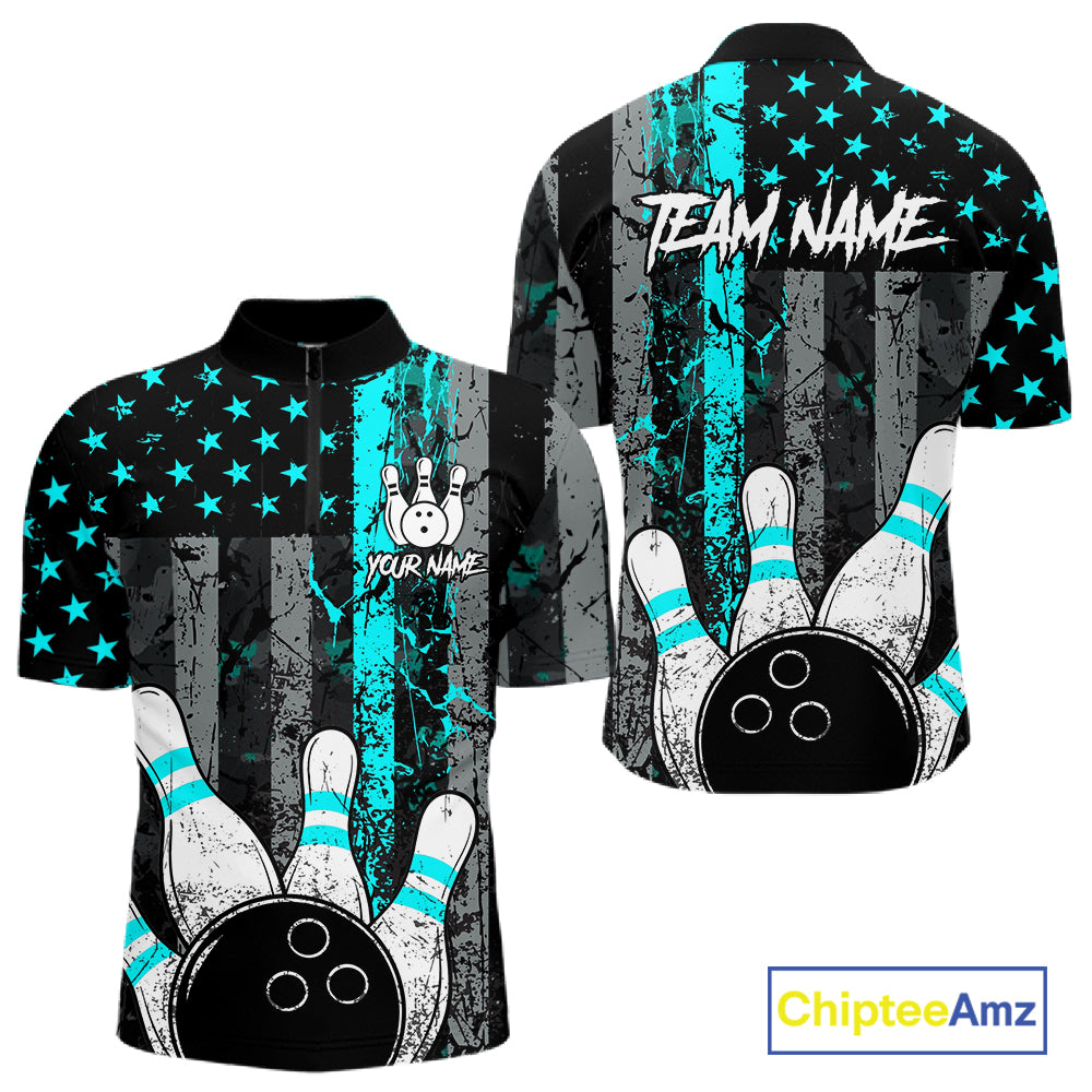 Turquoise Grunge American Flag Bowling Shirts for Men Custom Patriotic Bowling League Team Jersey TDM7472