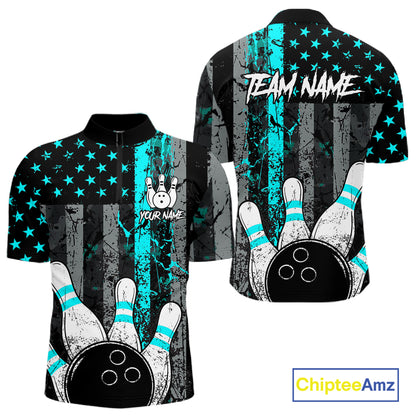 Turquoise Grunge American Flag Bowling Shirts for Men Custom Patriotic Bowling League Team Jersey TDM7472