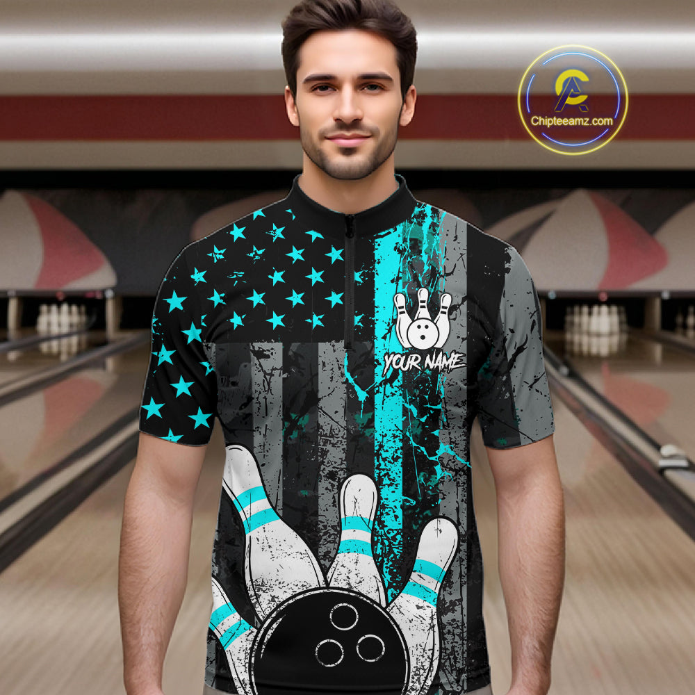 Turquoise Grunge American Flag Bowling Shirts for Men Custom Patriotic Bowling League Team Jersey TDM7472