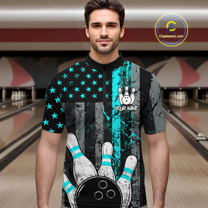 Turquoise Grunge American Flag Bowling Shirts for Men Custom Patriotic Bowling League Team Jersey TDM7472