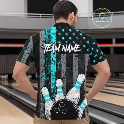 Turquoise Grunge American Flag Bowling Shirts for Men Custom Patriotic Bowling League Team Jersey TDM7472