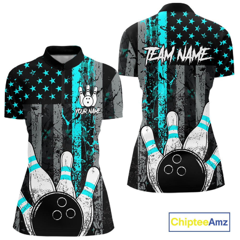 Turquoise Grunge American Flag Bowling Shirts for Women Custom Patriotic Bowling League Team Jersey TDM7472