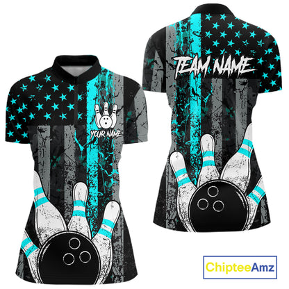 Turquoise Grunge American Flag Bowling Shirts for Women Custom Patriotic Bowling League Team Jersey TDM7472